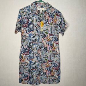 C & C California washable Linen Dress Beachy Button Up Botanical Blue Collared S